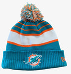 Miami Dolphins NFL New Era - Striped Cuffed Knit Beanie with Pom
