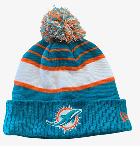 Miami Dolphins NFL New Era - Striped Cuffed Knit Beanie with Pom