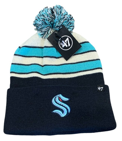 Seattle Kraken NHL ’47 Brand – Team Stripe Beanie with Pom