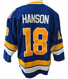 Charlestown Chiefs Slap Shot - Blue #18 Jeff Hanson Jersey
